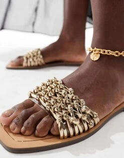 Bershka Woven Flat Sandals In Gold For Women -Chic Maze Sales 206901000 4