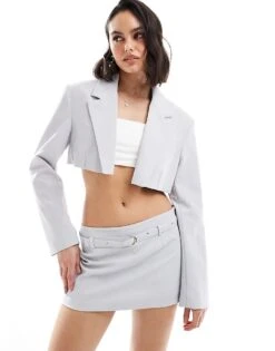 Bershka Belted Skort And Blazer Co-ord In Pale Grey