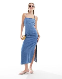 Bershka Strappy Denim Maxi Dress In Blue Wash For Women -Chic Maze Sales 206999848 1 blue 1