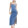 Bershka Strappy Denim Maxi Dress In Blue Wash For Women -Chic Maze Sales 206999848 1 blue