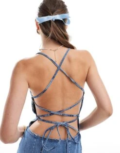 Bershka Strappy Denim Maxi Dress In Blue Wash For Women -Chic Maze Sales 206999848 2