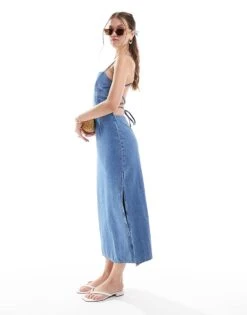Bershka Strappy Denim Maxi Dress In Blue Wash For Women -Chic Maze Sales 206999848 3