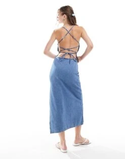 Bershka Strappy Denim Maxi Dress In Blue Wash For Women -Chic Maze Sales 206999848 4