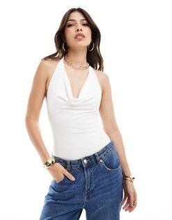 Bershka Cowl Neck Halterneck Bodysuit In Cream For Women -Chic Maze Sales 206999987 1 cream 1