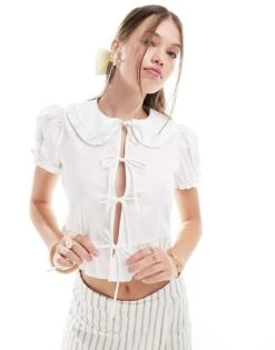 Bershka Poplin Peplum Tie Detail Top In White For Women -Chic Maze Sales 207000009 2