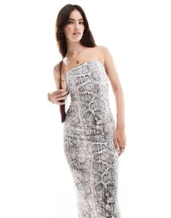 Bershka Bandeau Bodycon Maxi Dress In Snakeskin Print For Women Black -Chic Maze Sales 207033035 3