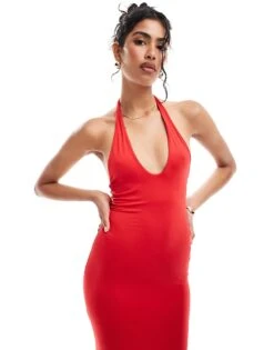 Bershka Halterneck Bodycon Maxi Dress In Red For Women -Chic Maze Sales 207033049 3