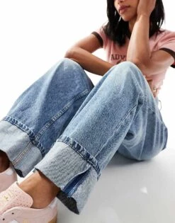 Bershka Deep Turn Up Balloon Jeans In Mid Wash Blue For Women -Chic Maze Sales 207077162 2