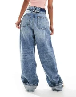 Bershka Deep Turn Up Balloon Jeans In Mid Wash Blue For Women -Chic Maze Sales 207077162 3