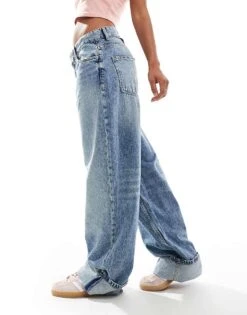 Bershka Deep Turn Up Balloon Jeans In Mid Wash Blue For Women -Chic Maze Sales 207077162 5