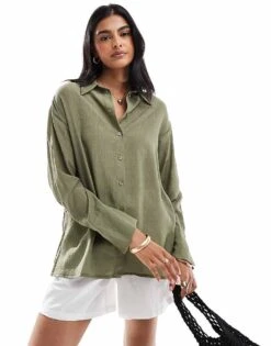 Bershka Oversized Crinkle Shirt In Khaki For Women Green -Chic Maze Sales 207081811 1 green 1