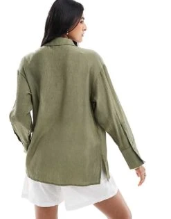Bershka Oversized Crinkle Shirt In Khaki For Women Green -Chic Maze Sales 207081811 2