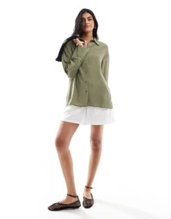 Bershka Oversized Crinkle Shirt In Khaki For Women Green -Chic Maze Sales 207081811 3
