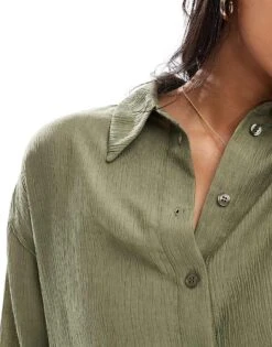 Bershka Oversized Crinkle Shirt In Khaki For Women Green -Chic Maze Sales 207081811 4