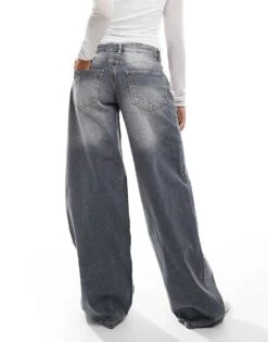 Bershka Petite Wide Leg Baggy Jeans In Dirty Grey Wash For Women -Chic Maze Sales 207081844 2
