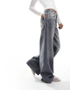 Bershka Petite Wide Leg Baggy Jeans In Dirty Grey Wash For Women -Chic Maze Sales 207081844 4