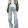 Bershka Petite Wide Leg Baggy Jeans In Dirty Mid Blue Wash For Women -Chic Maze Sales 207081863 1 blue