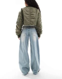 Bershka Petite Wide Leg Baggy Jeans In Dirty Mid Blue Wash For Women -Chic Maze Sales 207081863 2