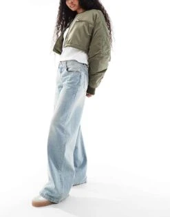 Bershka Petite Wide Leg Baggy Jeans In Dirty Mid Blue Wash For Women -Chic Maze Sales 207081863 3