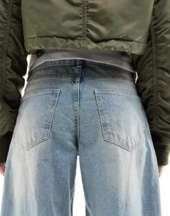 Bershka Petite Wide Leg Baggy Jeans In Dirty Mid Blue Wash For Women -Chic Maze Sales 207081863 4