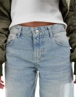Bershka Petite Wide Leg Baggy Jeans In Dirty Mid Blue Wash For Women -Chic Maze Sales 207081863 5