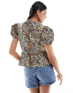 Bershka Puff Sleeve Peplum Top In Leopard Print For Women -Chic Maze Sales 207092531 2