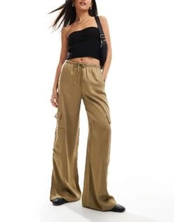 Bershka Tie Waist Utility Wide Leg Trousers In Khaki For Women -Chic Maze Sales 207093623 1 khaki 1