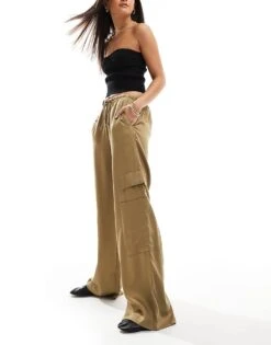 Bershka Tie Waist Utility Wide Leg Trousers In Khaki For Women -Chic Maze Sales 207093623 5