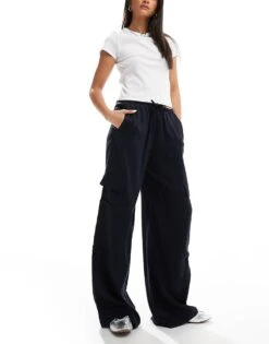 Bershka Tie Waist Cargo Wide Leg Trousers In Navy For Women -Chic Maze Sales 207093629 1 navy 1