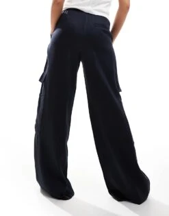 Bershka Tie Waist Cargo Wide Leg Trousers In Navy For Women -Chic Maze Sales 207093629 3