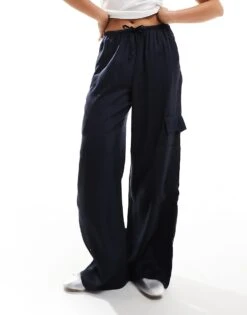 Bershka Tie Waist Cargo Wide Leg Trousers In Navy For Women -Chic Maze Sales 207093629 5