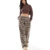 Bershka Button Front Pull On Wide Leg Trousers In Brown Check For Women -Chic Maze Sales 207141913 1 brown