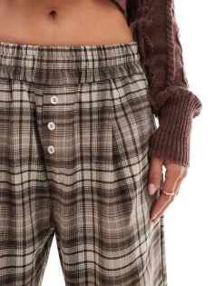 Bershka Button Front Pull On Wide Leg Trousers In Brown Check For Women -Chic Maze Sales 207141913 3