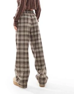 Bershka Button Front Pull On Wide Leg Trousers In Brown Check For Women -Chic Maze Sales 207141913 4