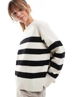 Bershka Chunky Crew Neck Jumper In Ecru & Black Stripe For Women Black -Chic Maze Sales 207141921 1 black 1