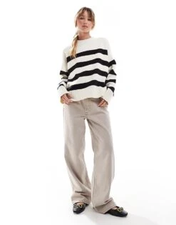 Bershka Chunky Crew Neck Jumper In Ecru & Black Stripe For Women Black -Chic Maze Sales 207141921 2