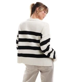 Bershka Chunky Crew Neck Jumper In Ecru & Black Stripe For Women Black -Chic Maze Sales 207141921 3