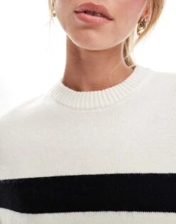 Bershka Chunky Crew Neck Jumper In Ecru & Black Stripe For Women Black -Chic Maze Sales 207141921 4