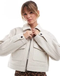 Bershka Boxy Wool Jacket In Sand For Women Beige