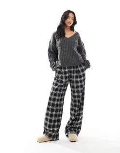 Bershka Petite Tie Waist Wide Leg Trousers In Black Check For Women Black -Chic Maze Sales 207141994 1 black 1