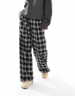 Bershka Petite Tie Waist Wide Leg Trousers In Black Check For Women Black -Chic Maze Sales 207141994 2