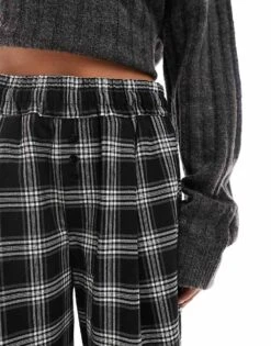 Bershka Petite Tie Waist Wide Leg Trousers In Black Check For Women Black -Chic Maze Sales 207141994 3