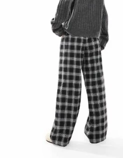 Bershka Petite Tie Waist Wide Leg Trousers In Black Check For Women Black -Chic Maze Sales 207141994 4