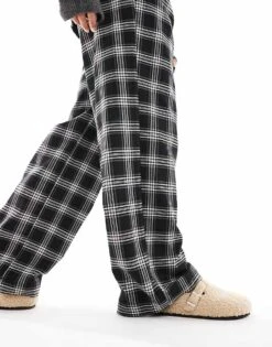 Bershka Petite Tie Waist Wide Leg Trousers In Black Check For Women Black -Chic Maze Sales 207141994 5