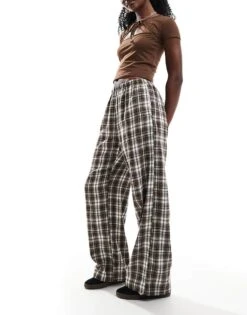 Bershka Tie Waist Wide Leg Trousers In Brown Check For Women -Chic Maze Sales 207142000 1 brown 1