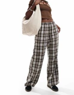 Bershka Tie Waist Wide Leg Trousers In Brown Check For Women -Chic Maze Sales 207142000 3