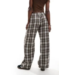Bershka Tie Waist Wide Leg Trousers In Brown Check For Women -Chic Maze Sales 207142000 4