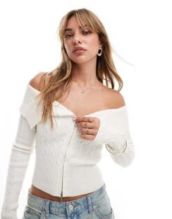 Bershka Bardot Zip Front Cable Knit Jumper In White For Women -Chic Maze Sales 207142010 1 white 1