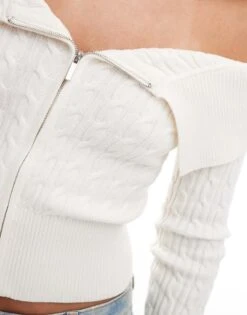 Bershka Bardot Zip Front Cable Knit Jumper In White For Women -Chic Maze Sales 207142010 3