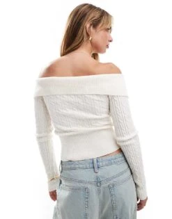 Bershka Bardot Zip Front Cable Knit Jumper In White For Women -Chic Maze Sales 207142010 4